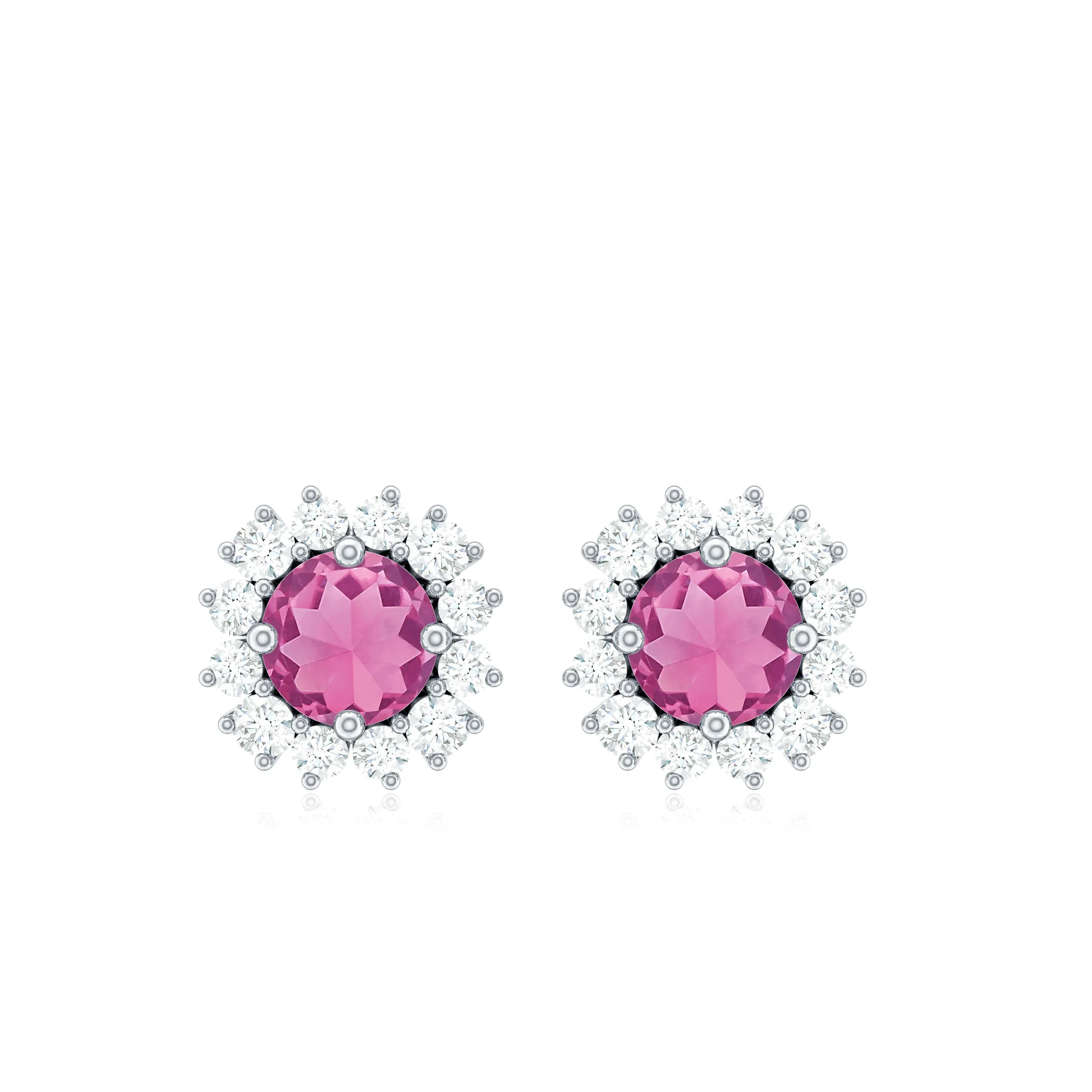 0.75 CT Pink Tourmaline and Diamond Halo Classic Stud Earrings