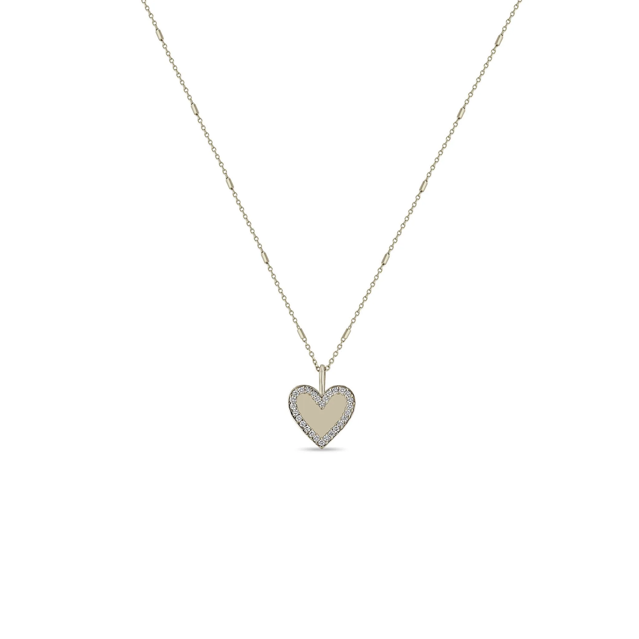 14k Gold Heart with Pavé Diamond Border Pendant Necklace