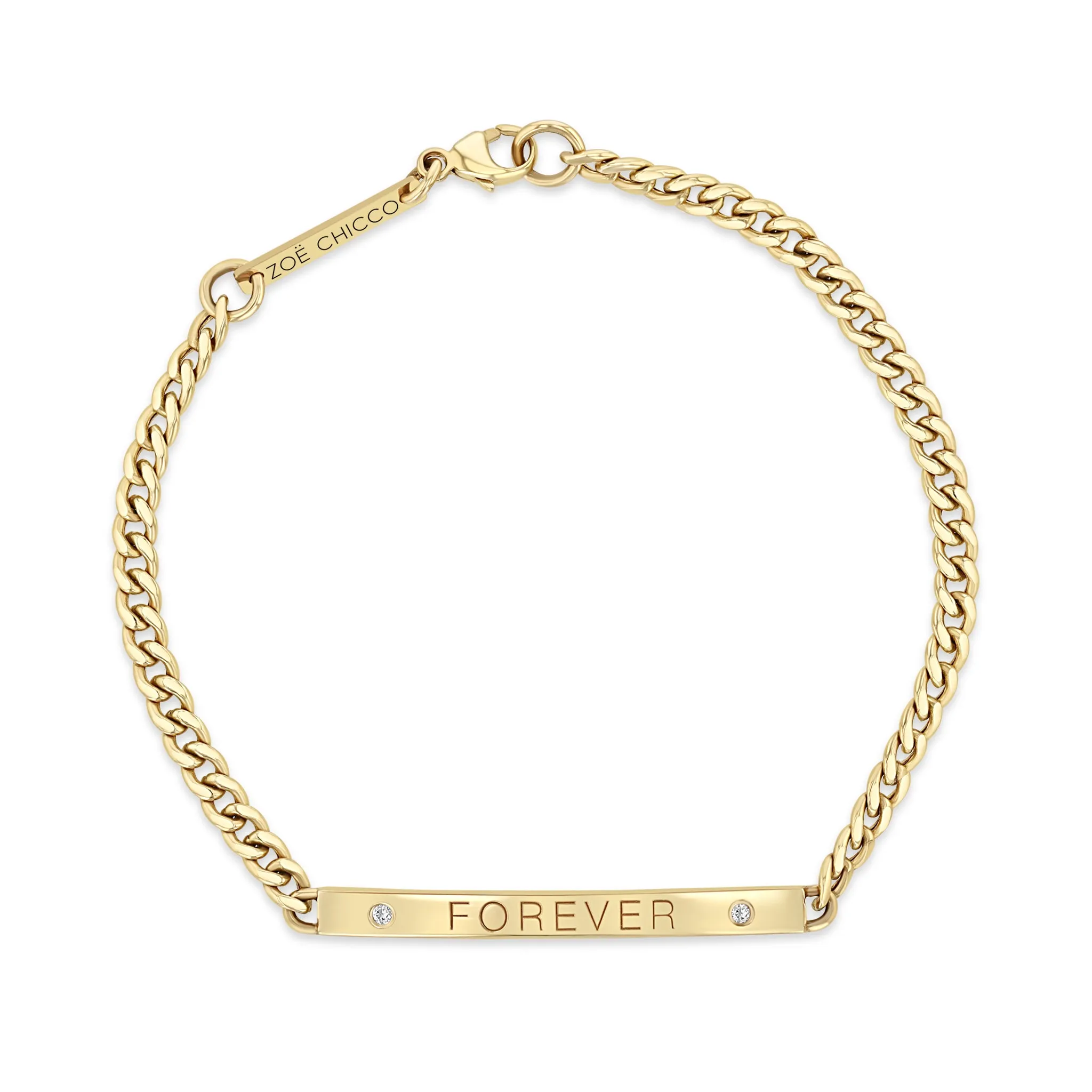 14k Small Curb Chain Personalized ID Bracelet with 2 Diamonds