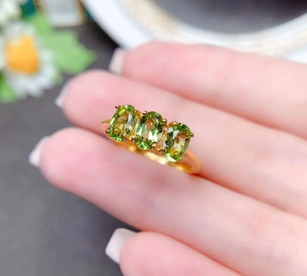 3 Oval Peridot Stones Gold Plated 925 Silver Ring