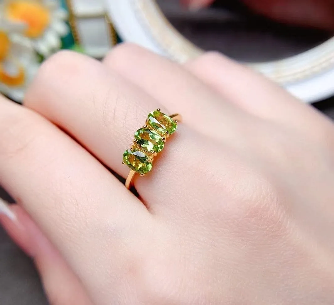 3 Oval Peridot Stones Gold Plated 925 Silver Ring