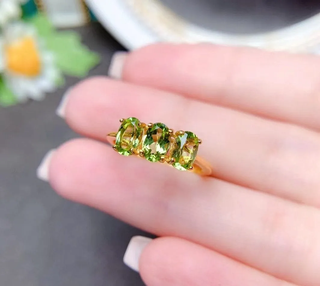 3 Oval Peridot Stones Gold Plated 925 Silver Ring