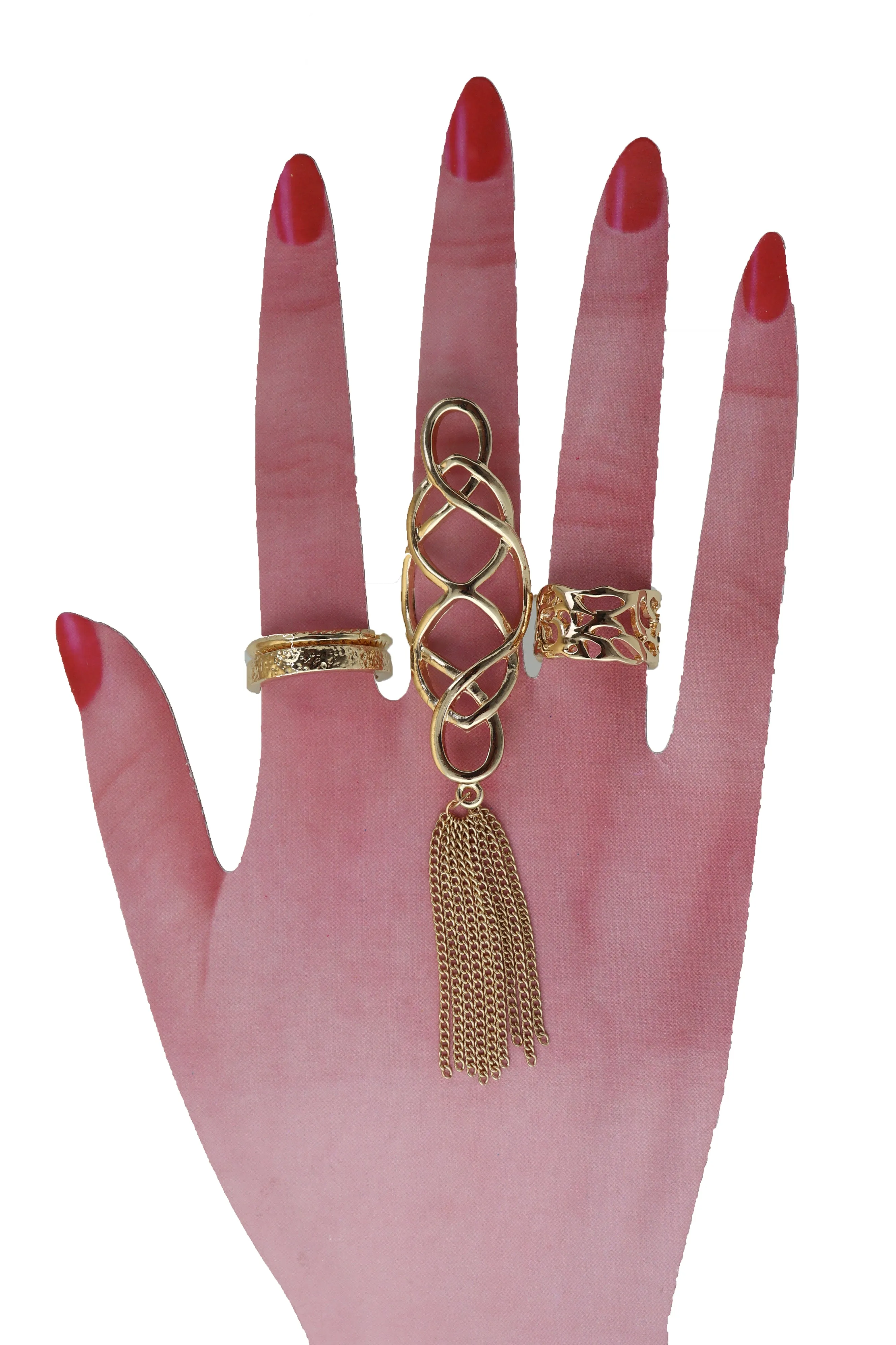 4pc Gold Filagree & Tassel Ring Set