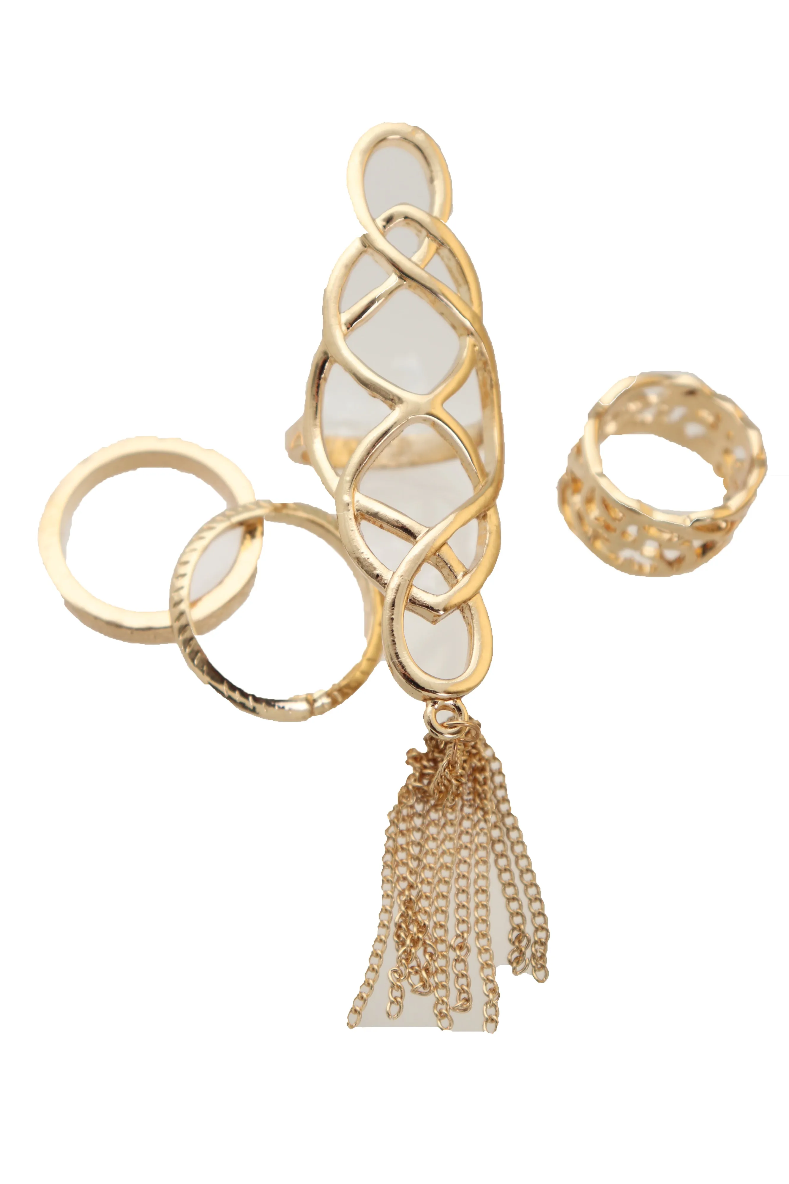 4pc Gold Filagree & Tassel Ring Set