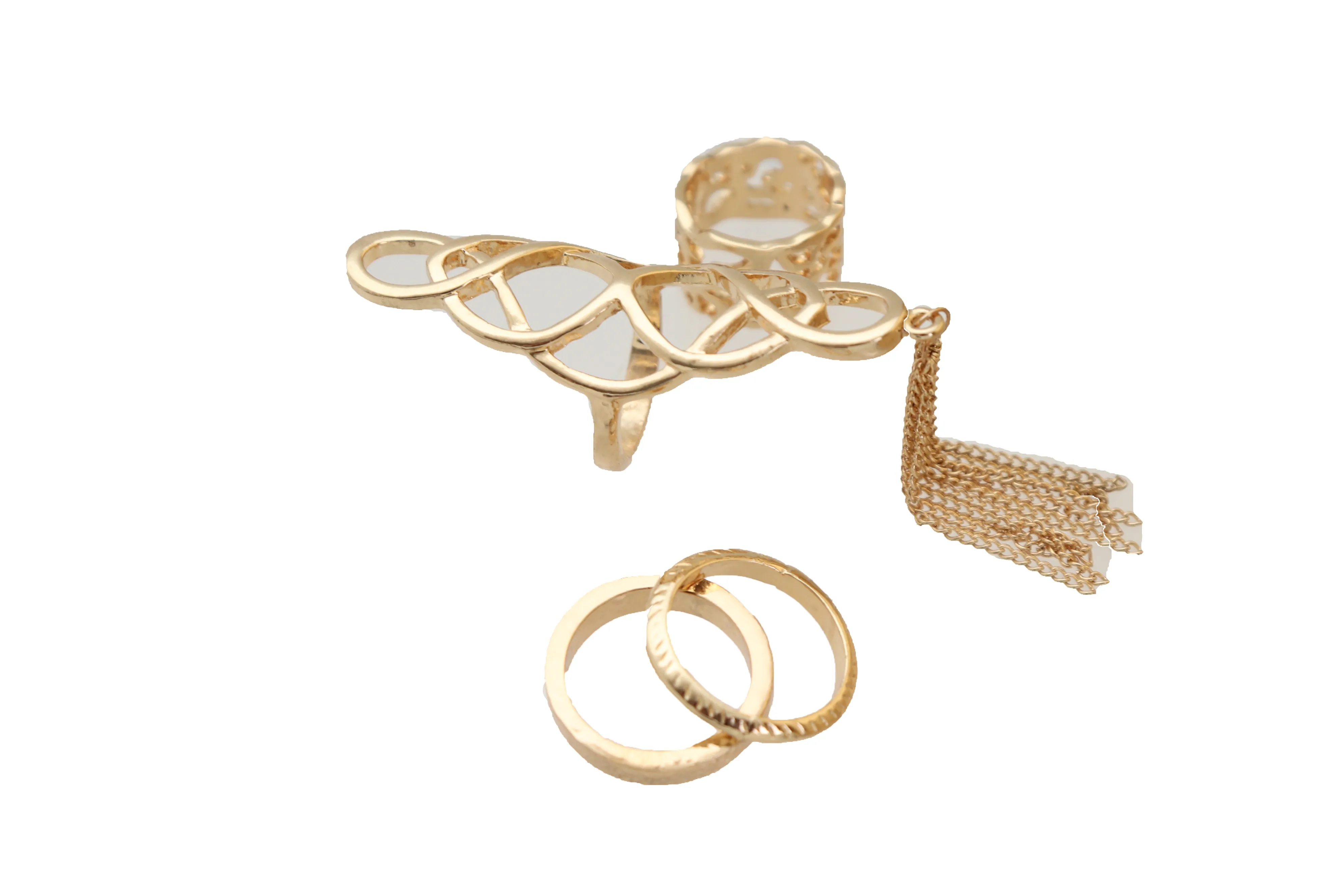 4pc Gold Filagree & Tassel Ring Set