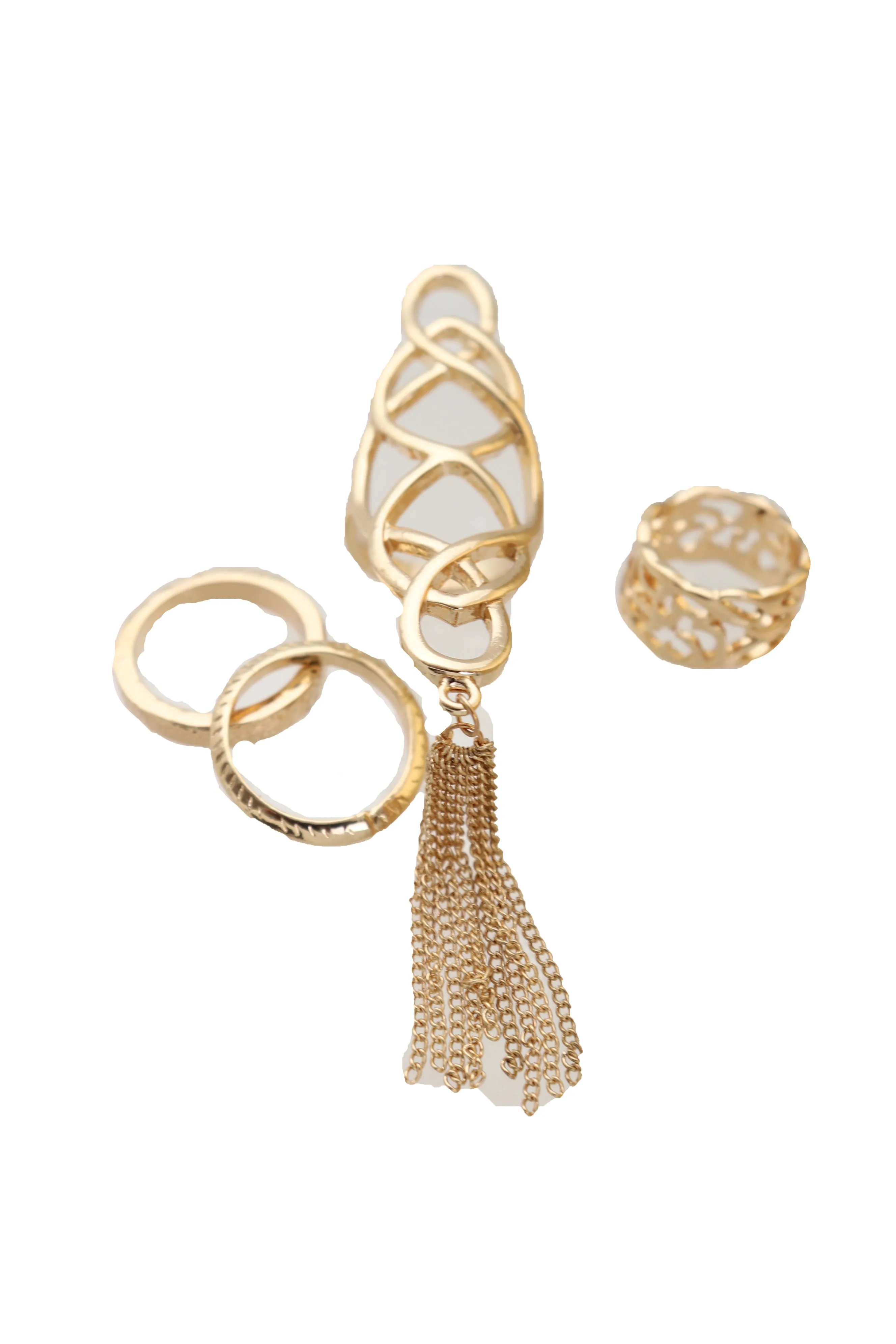 4pc Gold Filagree & Tassel Ring Set