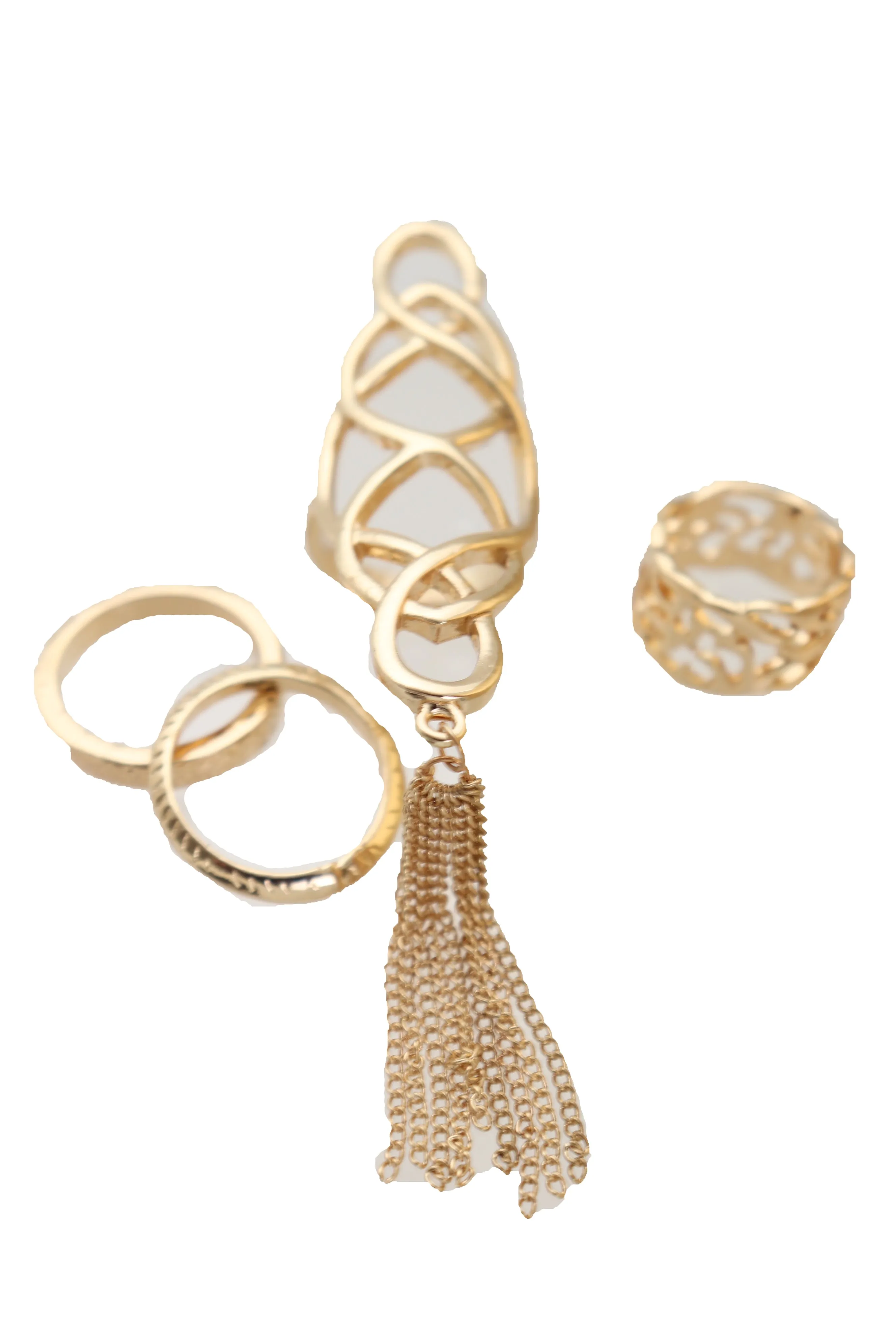 4pc Gold Filagree & Tassel Ring Set