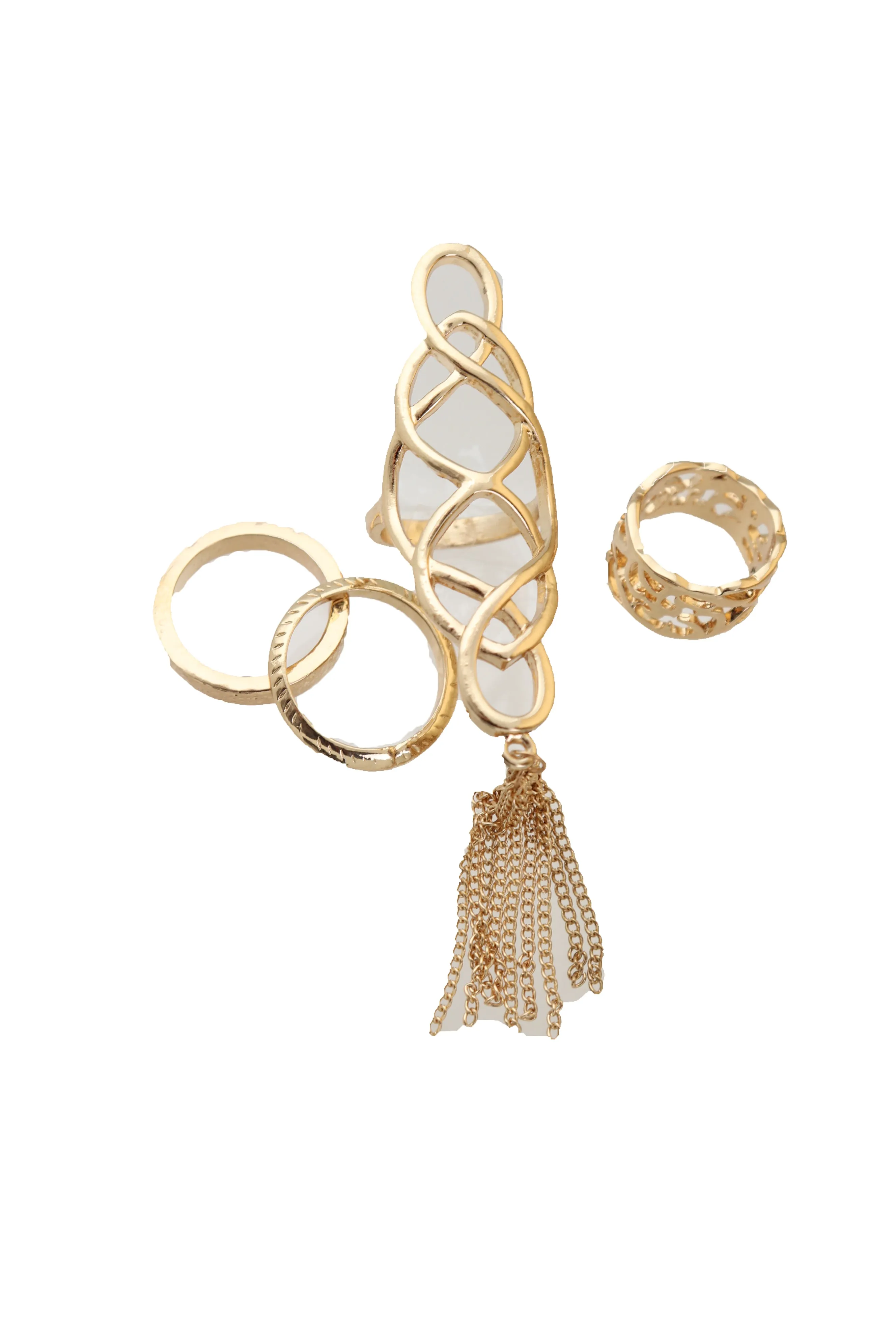 4pc Gold Filagree & Tassel Ring Set