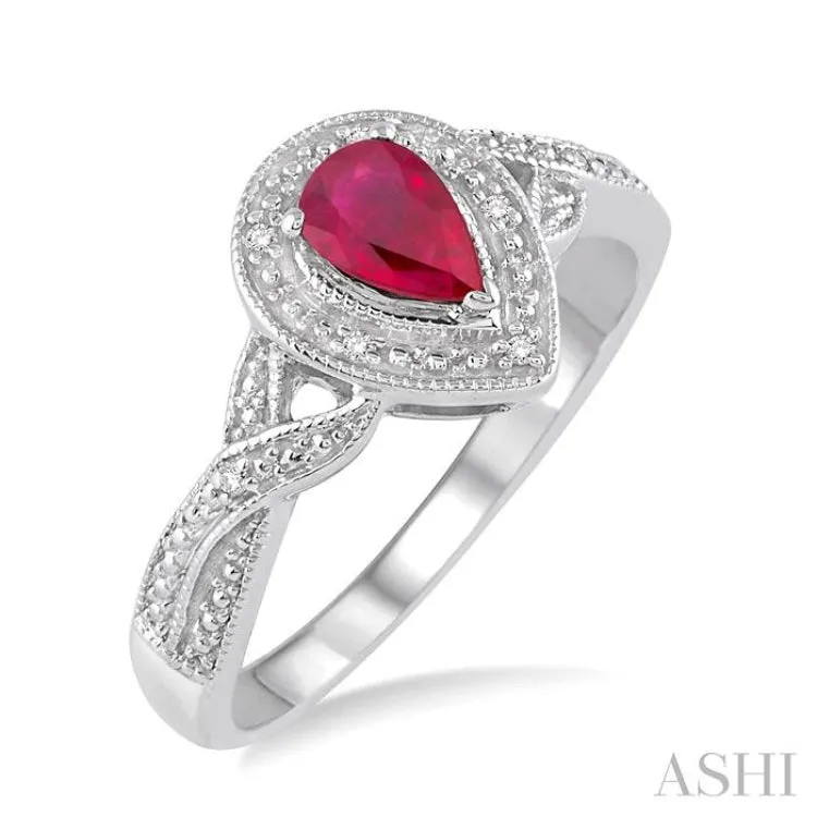 6x4  MM Pear Shape Ruby and 1/50 Ctw Round Cut Diamond Ring in Sterling Silver