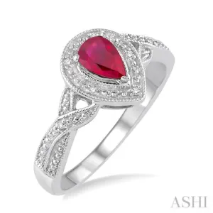 6x4  MM Pear Shape Ruby and 1/50 Ctw Round Cut Diamond Ring in Sterling Silver