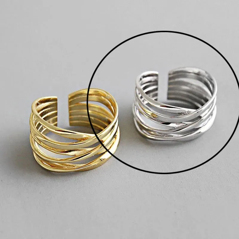 925 Sterling Silver Rings For Women Hollow Out Gold Color Temperament Personality Fashion Female Trendy Resizable Opening Rings