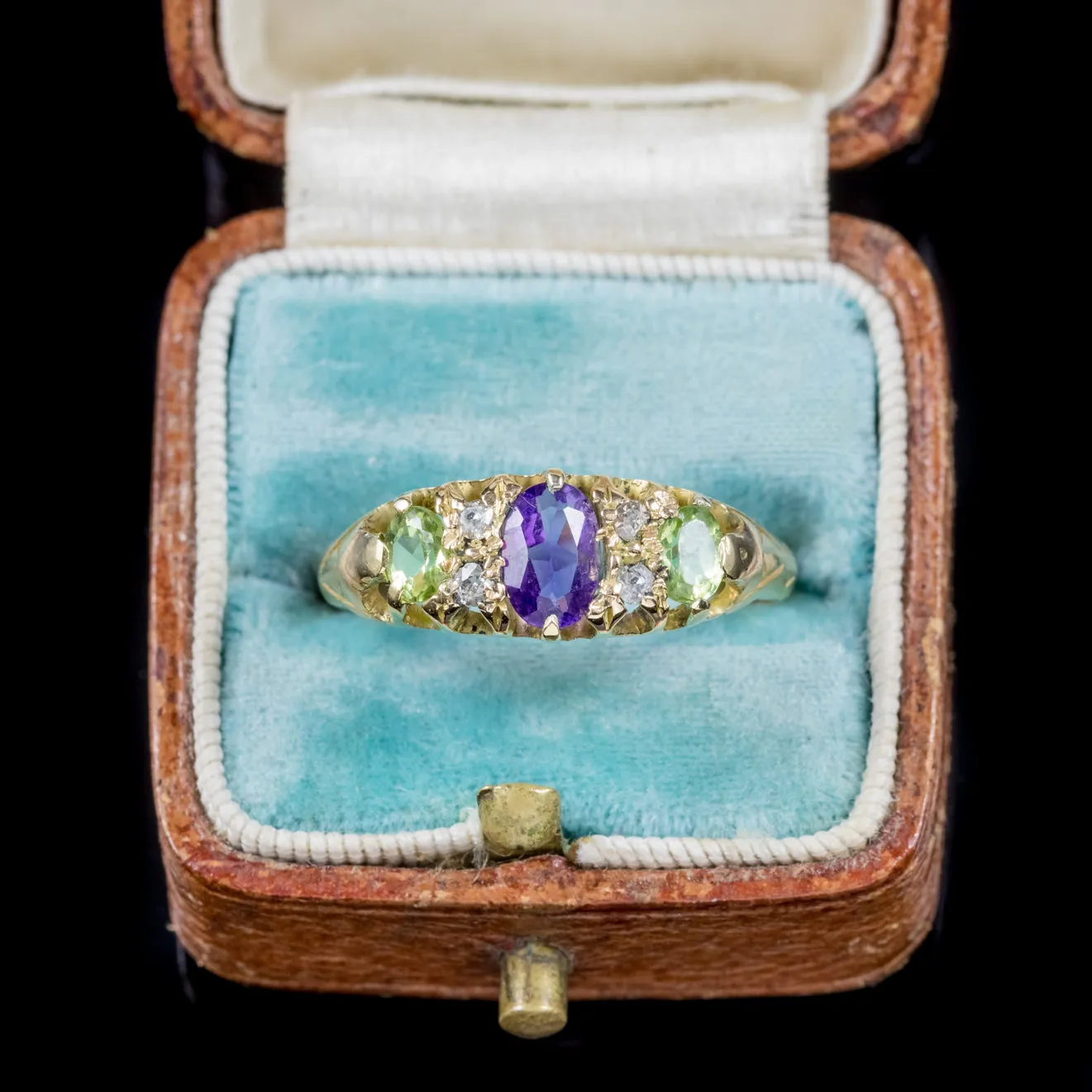 Antique Edwardian Diamond Amethyst Peridot Suffragette Ring 18Ct Gold Circa 1910