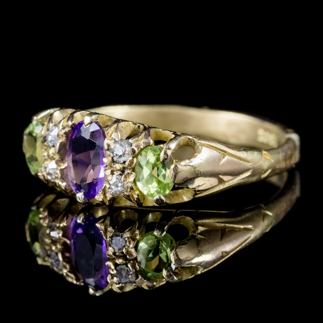 Antique Edwardian Diamond Amethyst Peridot Suffragette Ring 18Ct Gold Circa 1910