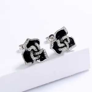 Black Flower Stud Earrings for Women with Zircon in 925 Sterling Silver