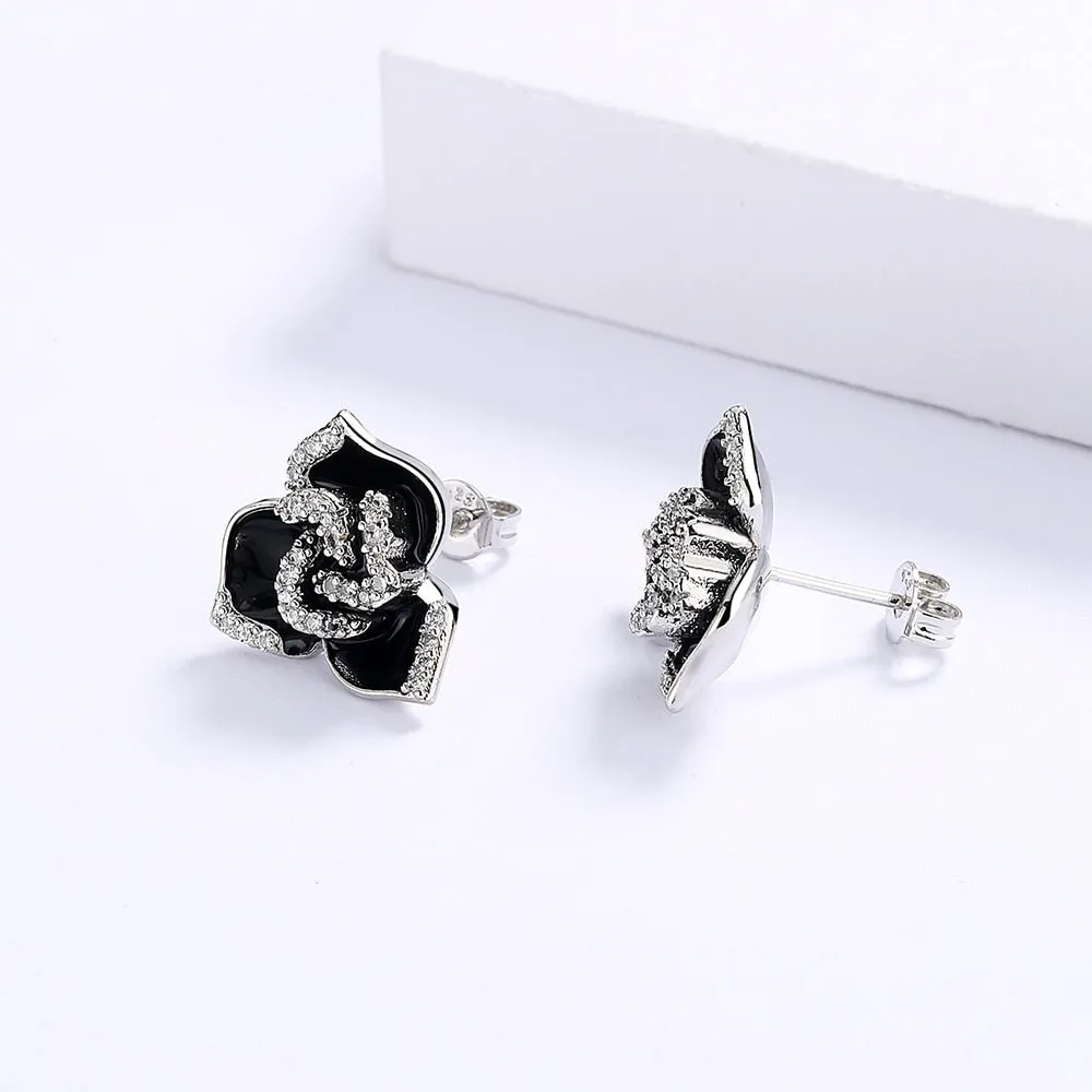 Black Flower Stud Earrings for Women with Zircon in 925 Sterling Silver