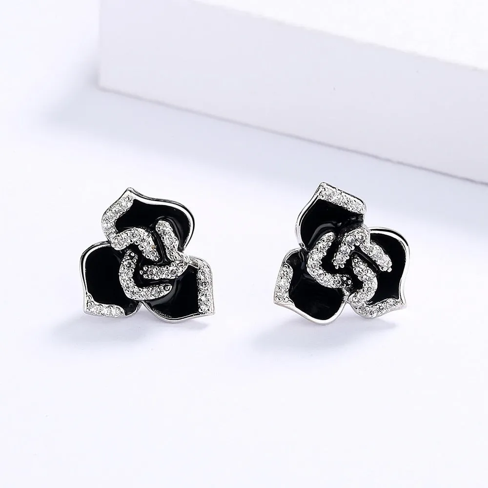 Black Flower Stud Earrings for Women with Zircon in 925 Sterling Silver