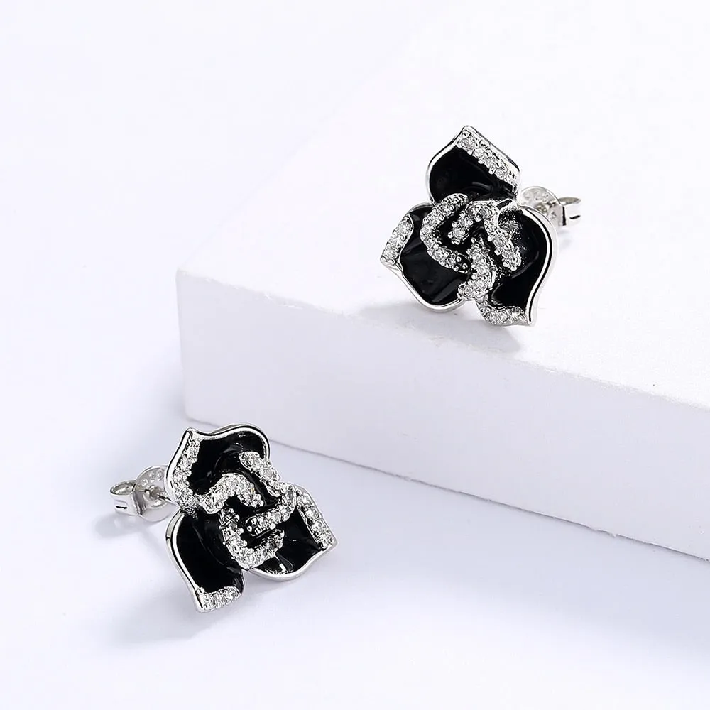 Black Flower Stud Earrings for Women with Zircon in 925 Sterling Silver