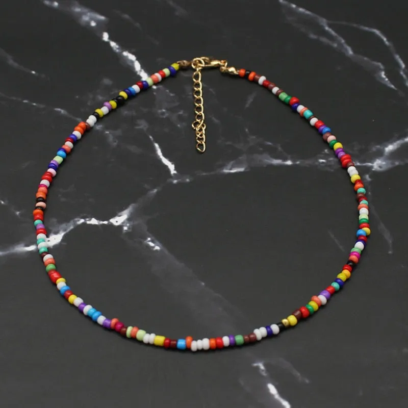 Bohemia Handmade Rainbow Seed Beads Simple Choker Necklace Women&#39;s Fashion Wild Sweet Colorful Collar Jewelry Gift