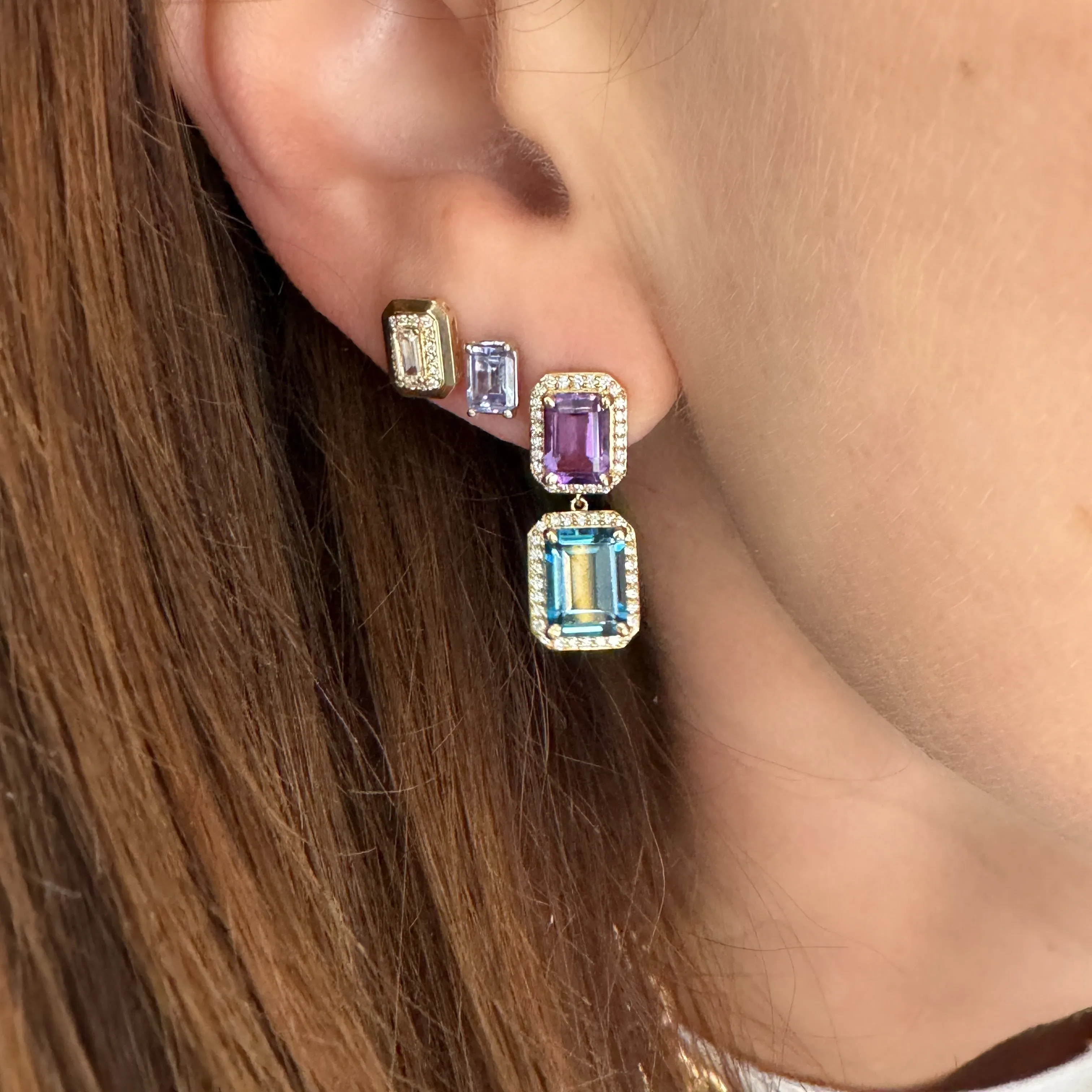 Bold Blue Topaz & Amethyst Emerald Cut Drop Earrings