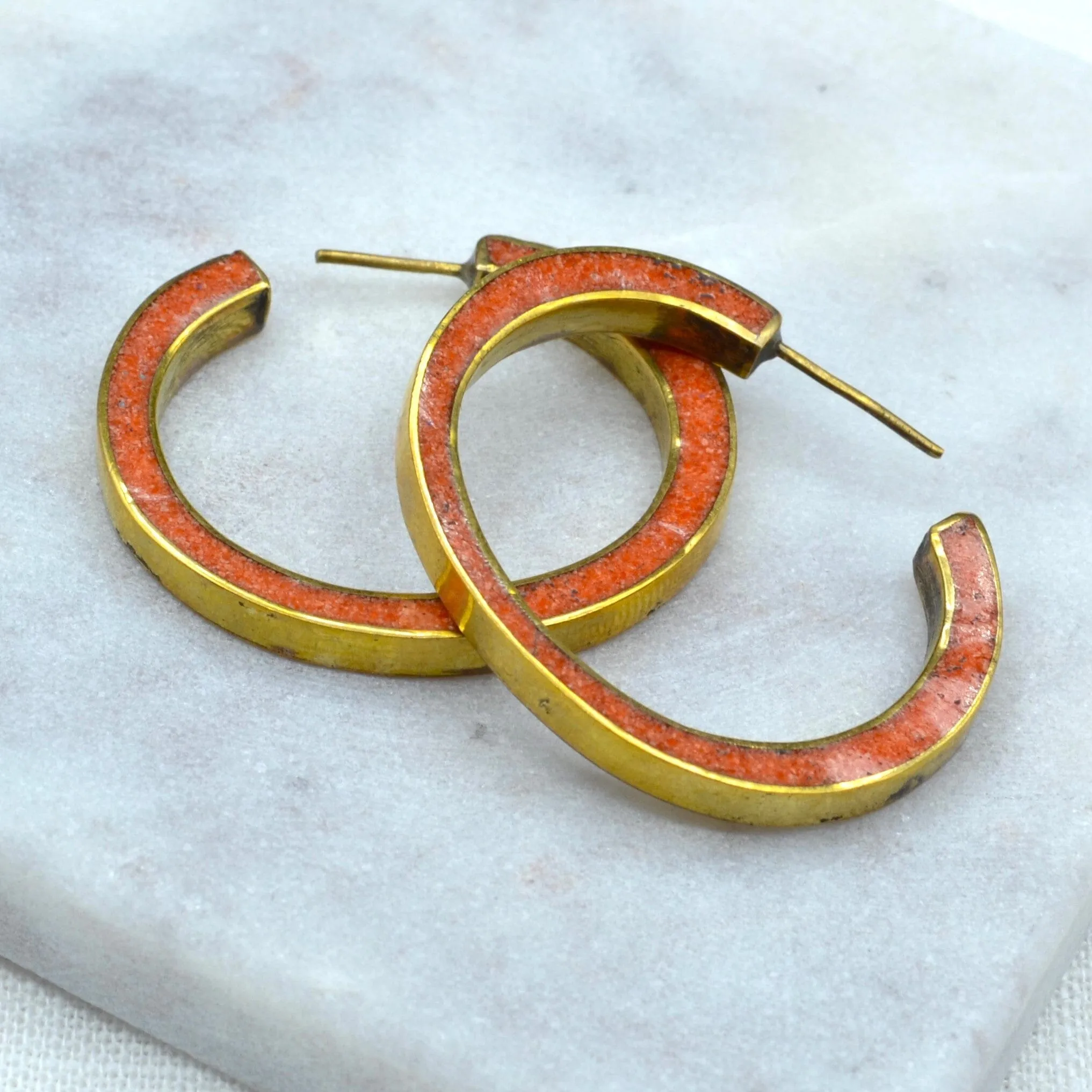 Bold Hoop Coral and Brass Earrings