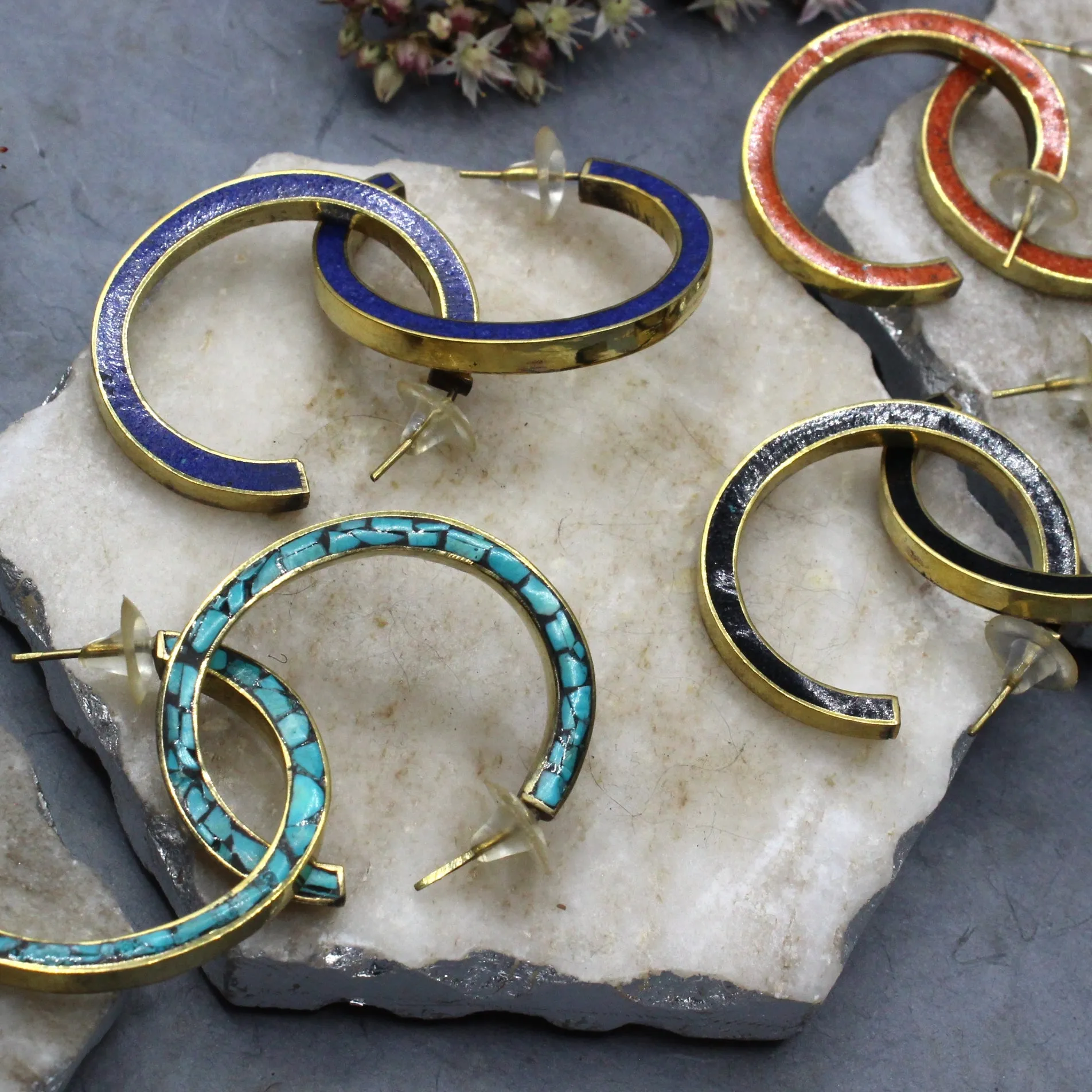 Bold Hoop Coral and Brass Earrings