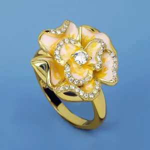 Classic Flower Enamel  Ring for Women with Dazzling Zircon in Golden Color