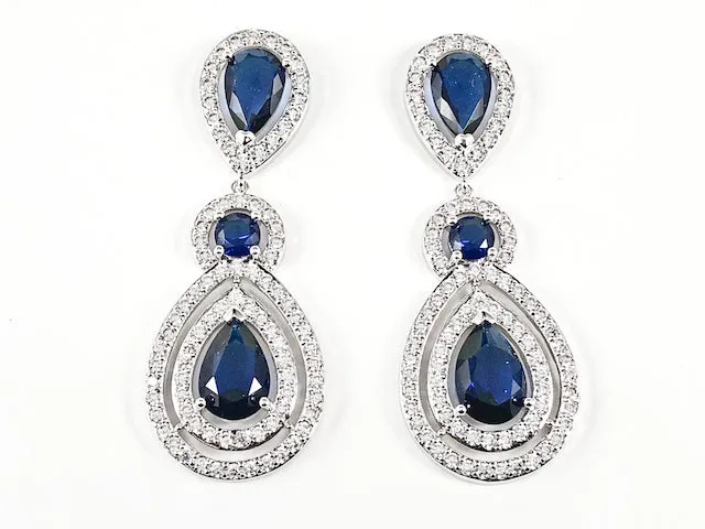 Classic Pear Shape Double Layer Center Sapphire CZ With Clear CZ Frame Dangle Brass Earrings