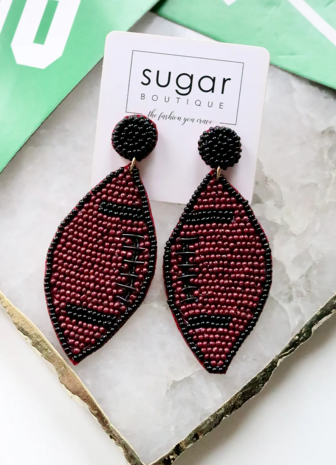 Classic Seed Bead Football Earring | Garnet   Black