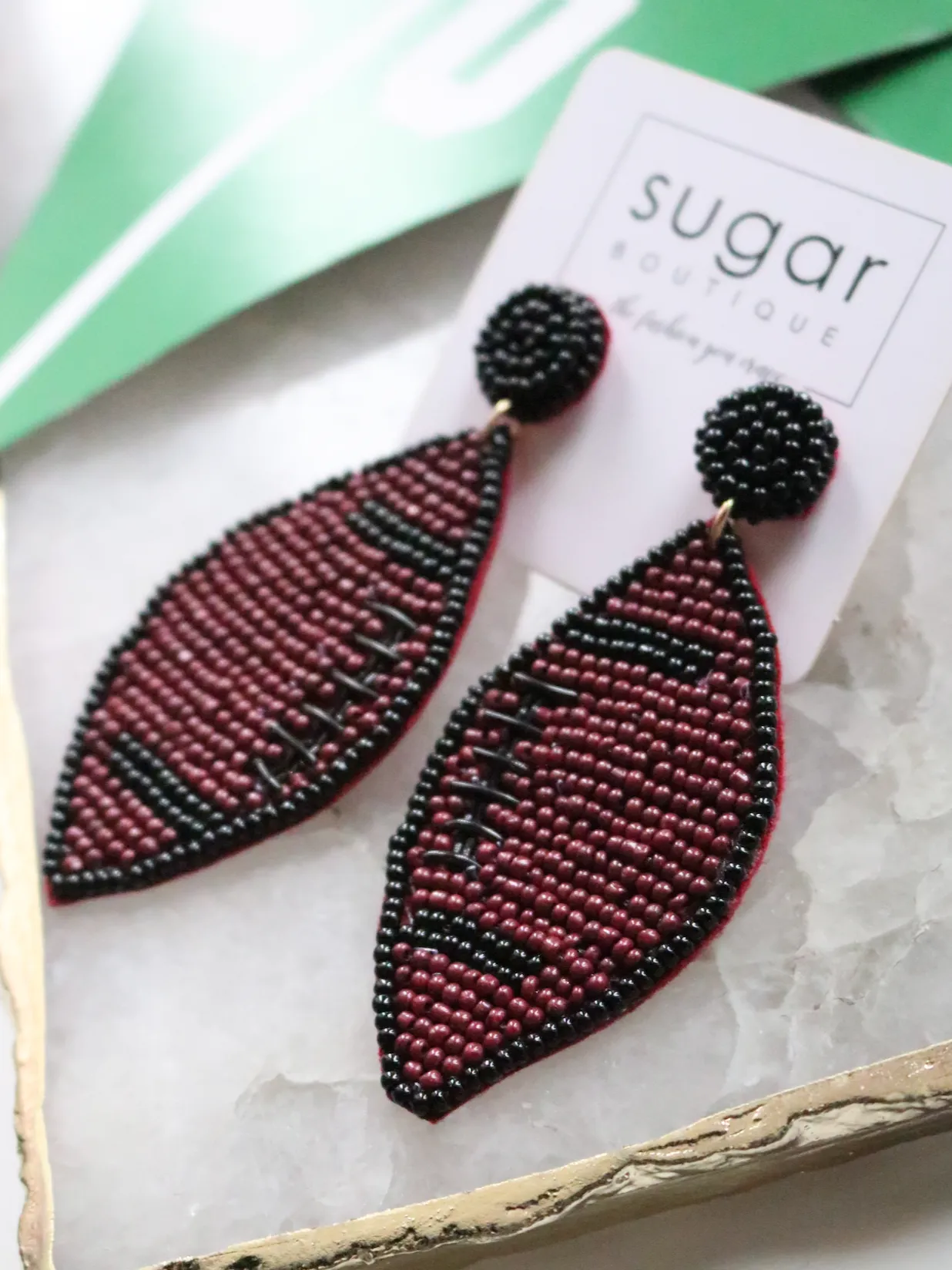 Classic Seed Bead Football Earring | Garnet   Black