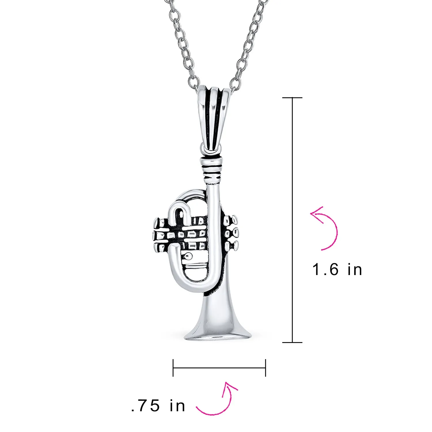 Classic Trumpet Instrument Pendant Necklace for Musician or Jazz Lover Sterling Silver