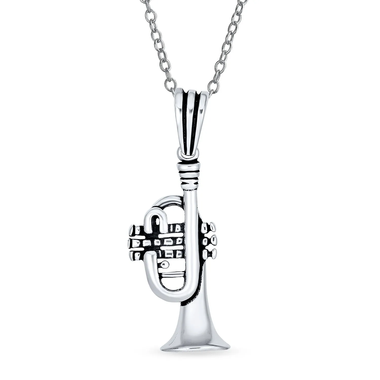 Classic Trumpet Instrument Pendant Necklace for Musician or Jazz Lover Sterling Silver