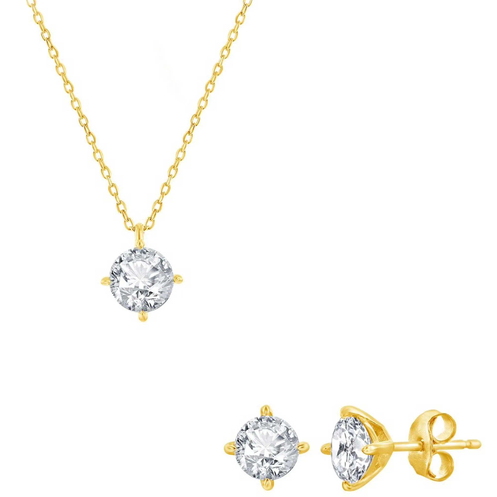 Classic Women's Necklace and Earrings Set - Gold Solitaire Round White CZ | SET-620