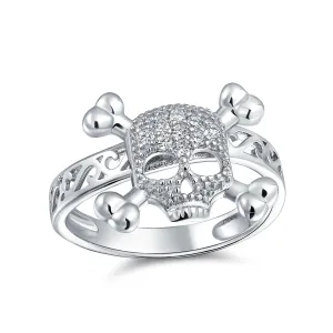 Cocktail Statement Ring: CZ Pirate Skull Crossbones for Punk Goth in Sterling Silver