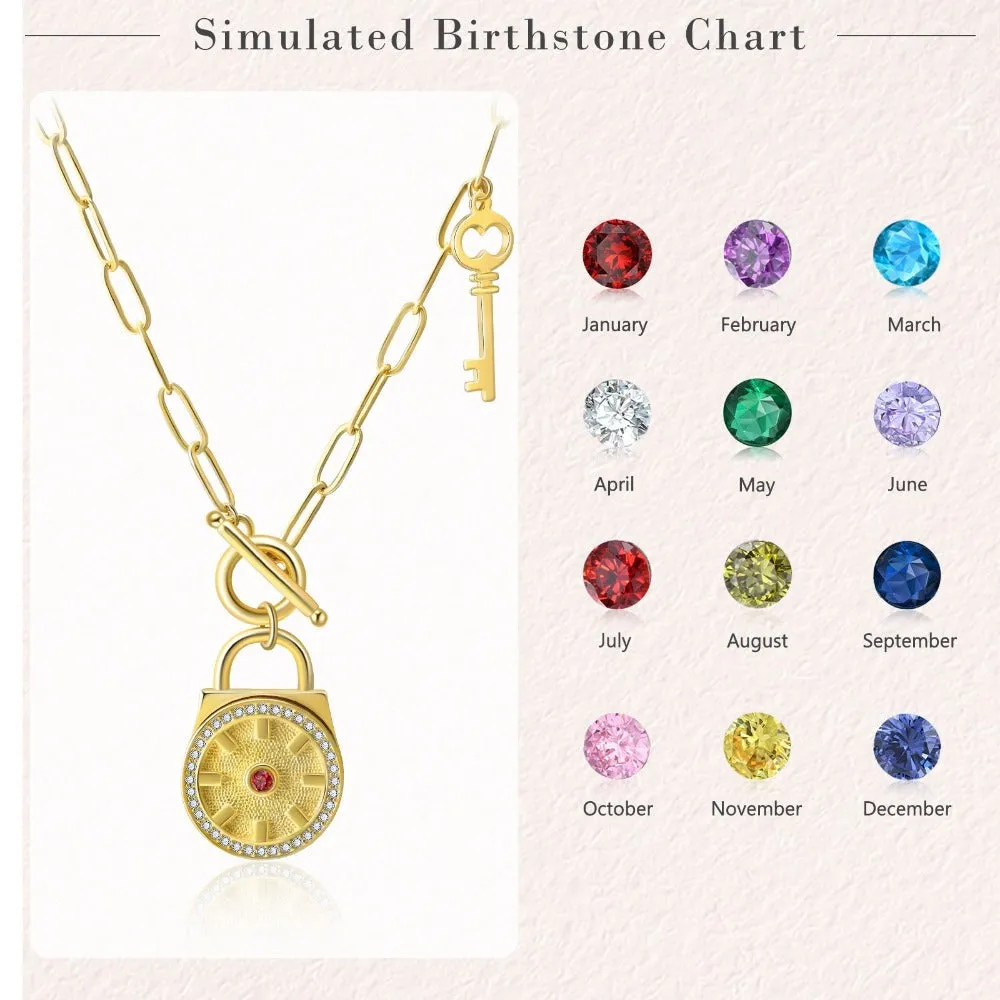 Customized Birthstone Lock & Key Engraved Gold Necklace