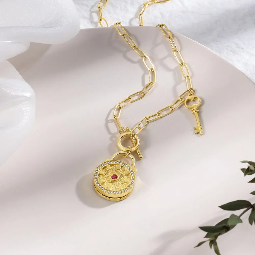 Customized Birthstone Lock & Key Engraved Gold Necklace