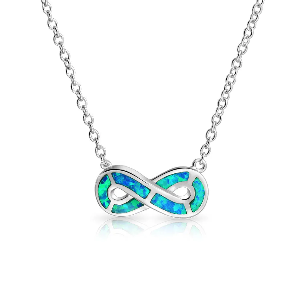 Eternity Love Knot Blue Opal Infinity Pendant Necklace Sterling Silver Birthstone