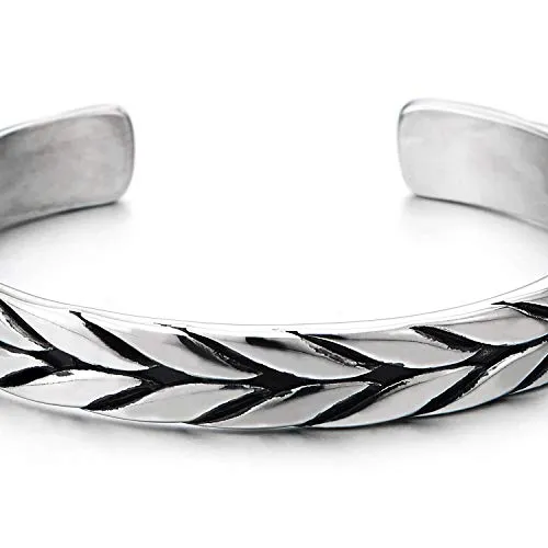 Exquisite Stainless Steel Braided Pattern Cuff Bangle Bracelet for Men Women, Adjustable