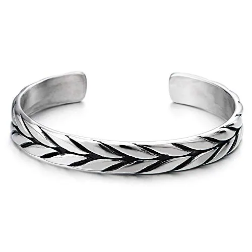 Exquisite Stainless Steel Braided Pattern Cuff Bangle Bracelet for Men Women, Adjustable