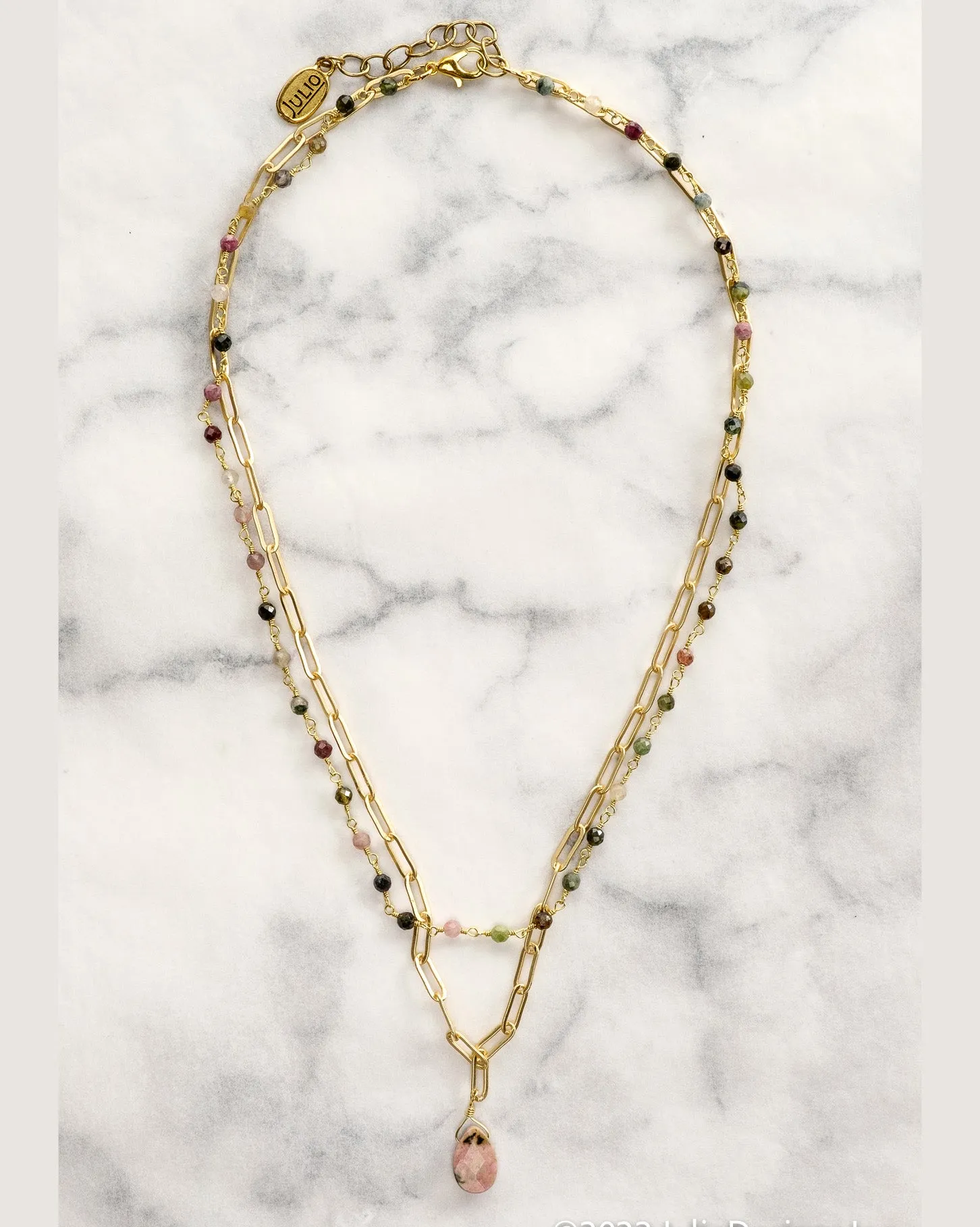 Fanta Double Strand Gemstone and Paperclip Chain Necklace