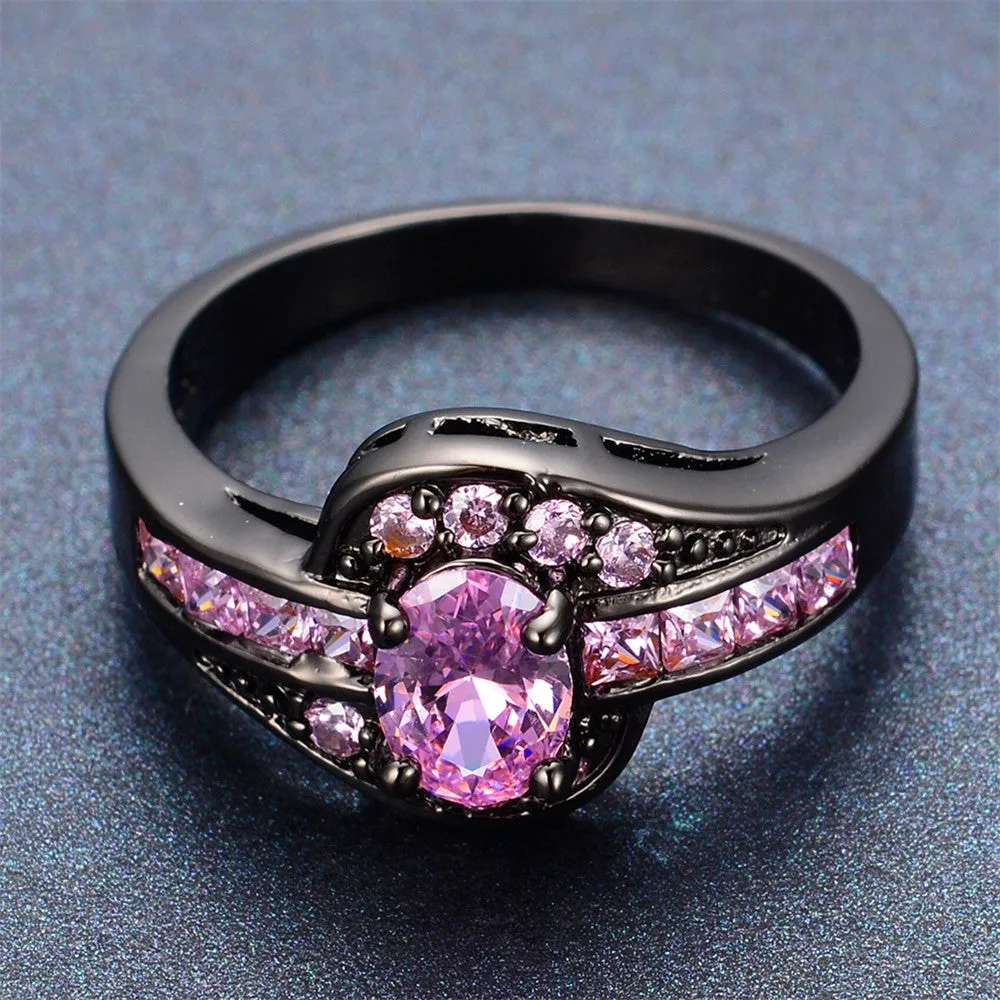 Female Pink Oval Ring Fashion White & Black Gold Filled Jewelry Vintage Wedding Rings For Women Birthday Stone Gifts