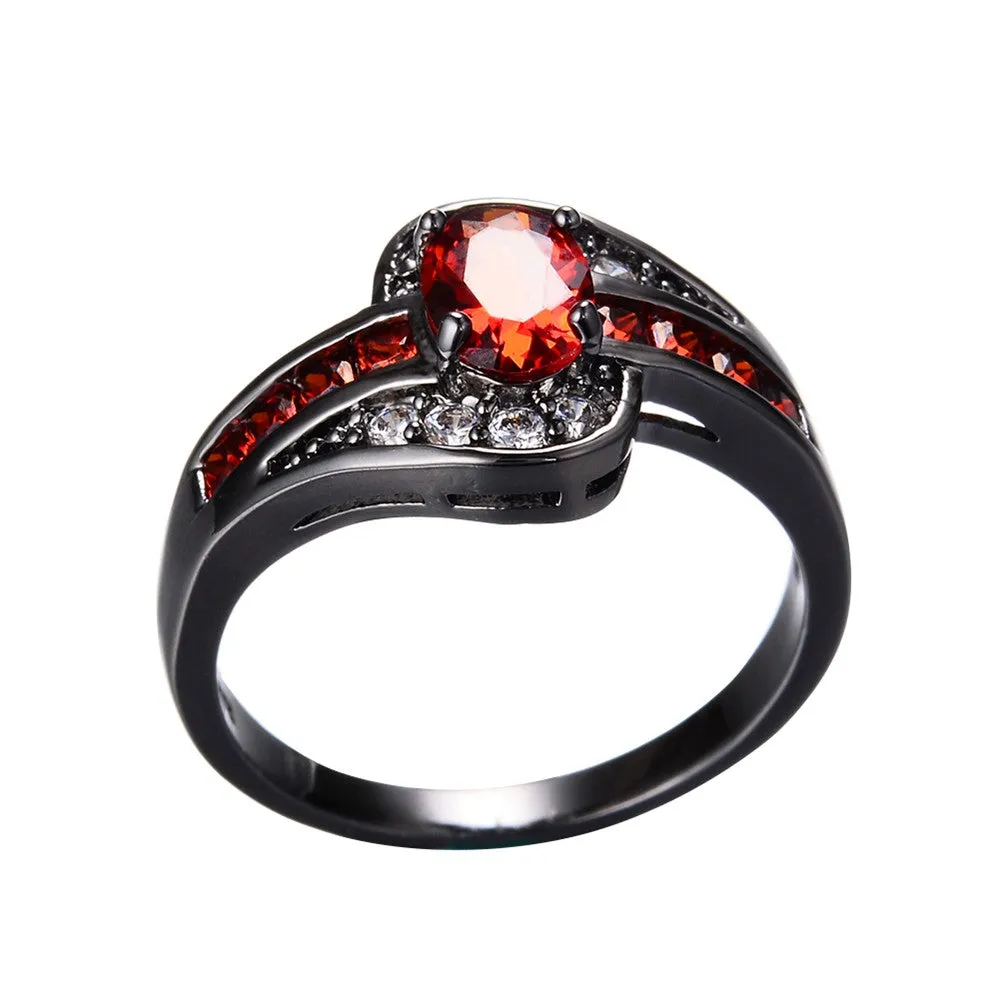 Female Red Oval Ring Fashion White & Black Gold Filled Jewelry Vintage Wedding Rings For Women Birthday Stone Gifts