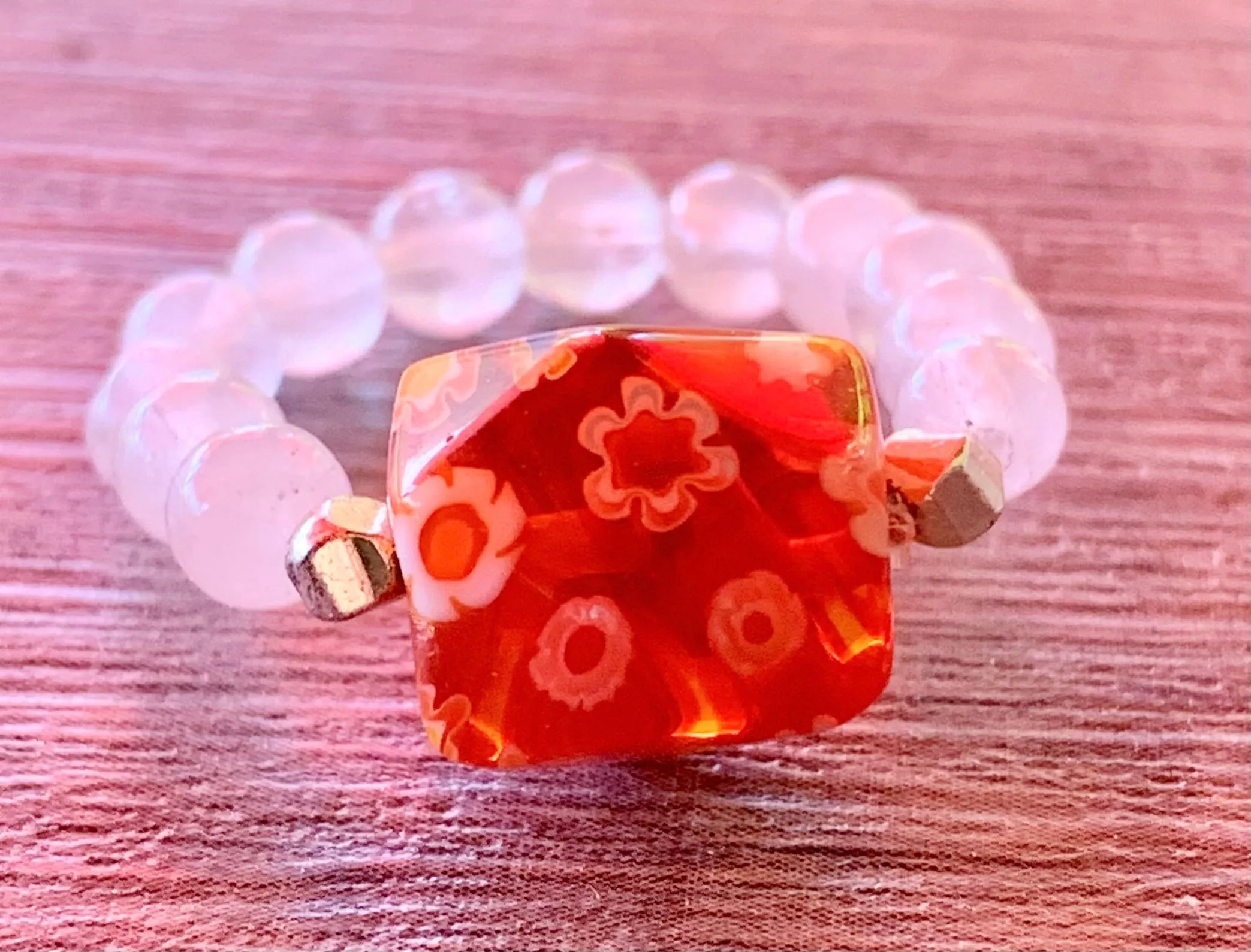 Flower Girl- Handmade Millefiori, Hematite, and Rainbow Moonstone or Rose Gold Expandable Rings