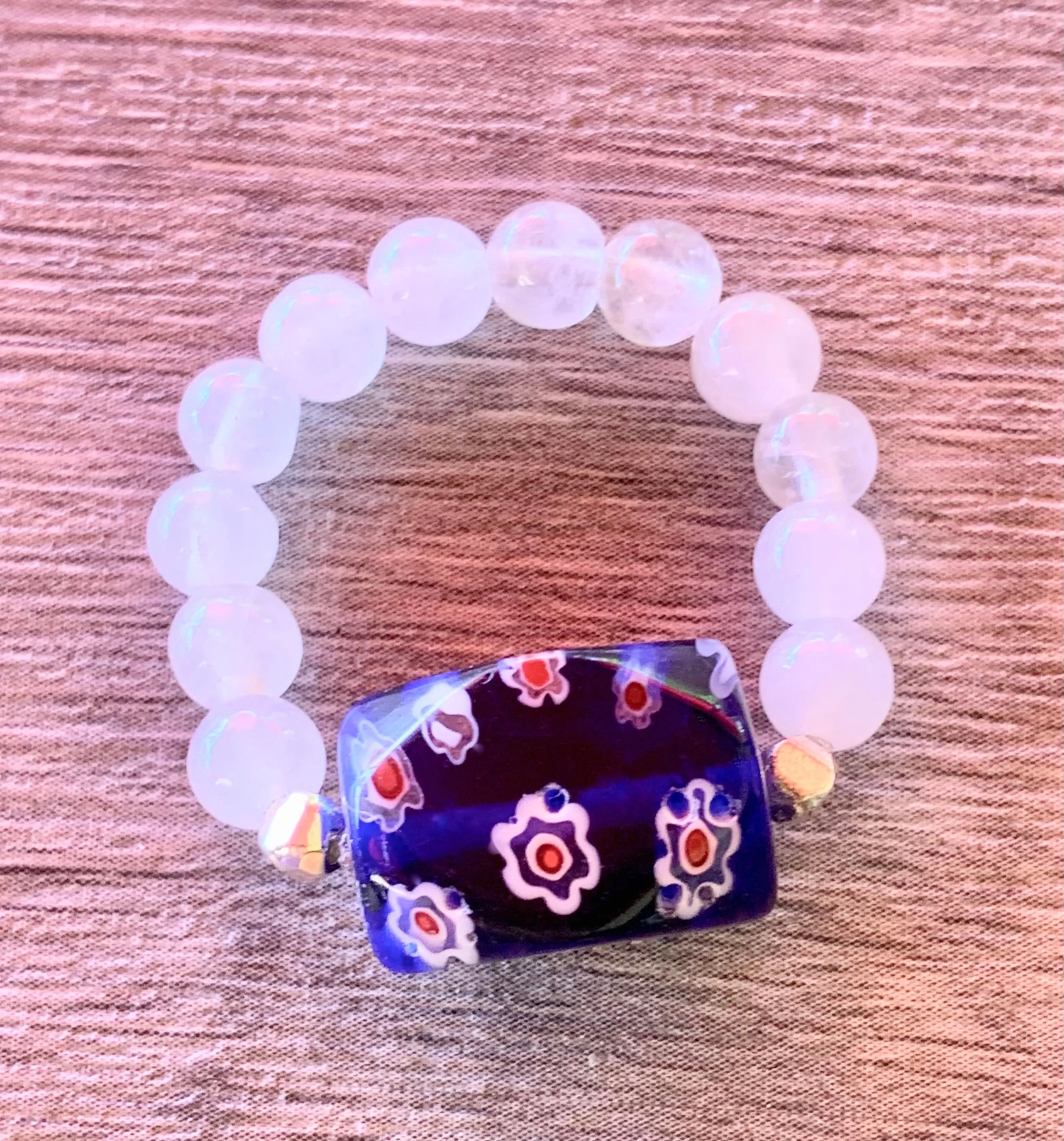 Flower Girl- Handmade Millefiori, Hematite, and Rainbow Moonstone or Rose Gold Expandable Rings