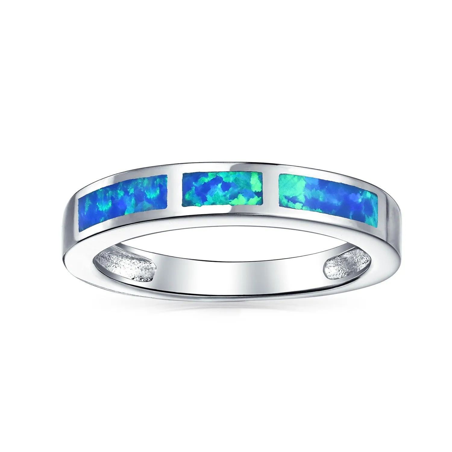 Geometric Eternity Opal Inlay Stackable Band Silver Ring October Birthstone