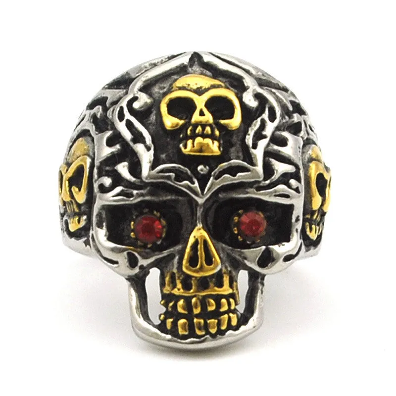 Gold Color Stainless Steel Rings for Motorcycle Biker PUNK Red Eye Skull Ring Men's Jewelry