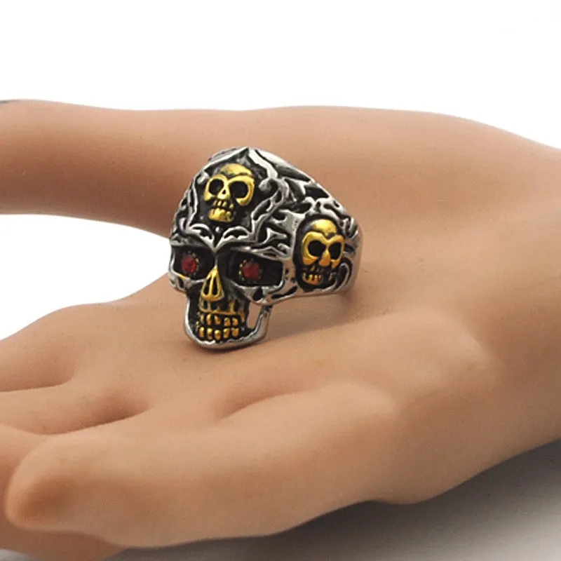 Gold Color Stainless Steel Rings for Motorcycle Biker PUNK Red Eye Skull Ring Men's Jewelry