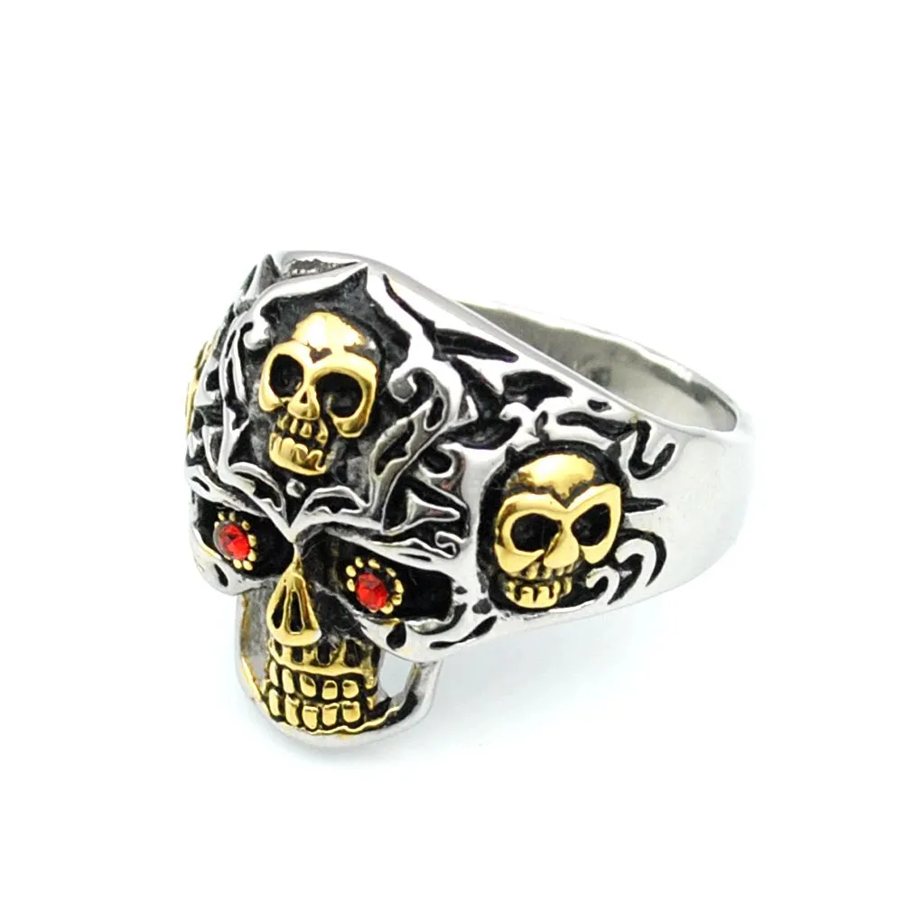 Gold Color Stainless Steel Rings for Motorcycle Biker PUNK Red Eye Skull Ring Men's Jewelry