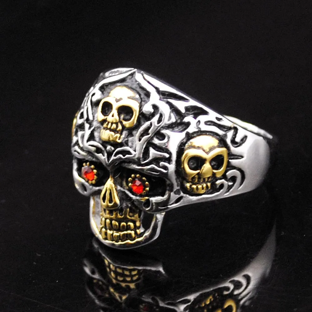 Gold Color Stainless Steel Rings for Motorcycle Biker PUNK Red Eye Skull Ring Men's Jewelry