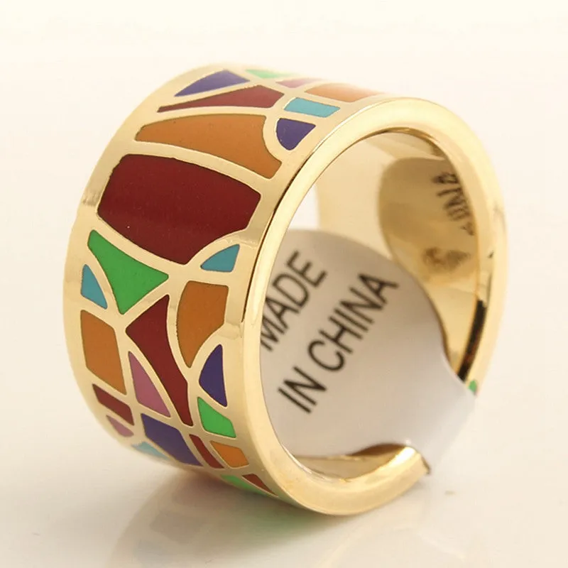 Gold Plated Elegant 1.3cm Width Amazing Geometry Pattern Colorful Shining Enamel Rings Jewelry