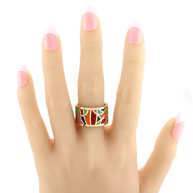 Gold Plated Elegant 1.3cm Width Amazing Geometry Pattern Colorful Shining Enamel Rings Jewelry